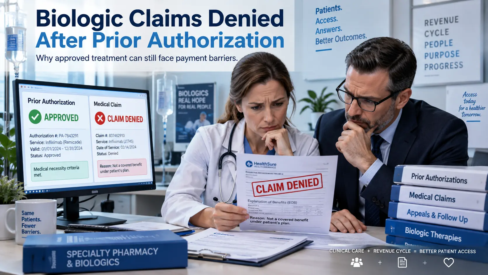 Biologic prior authorization, J-code billing, unit reconciliation and denial workflow illustration.
