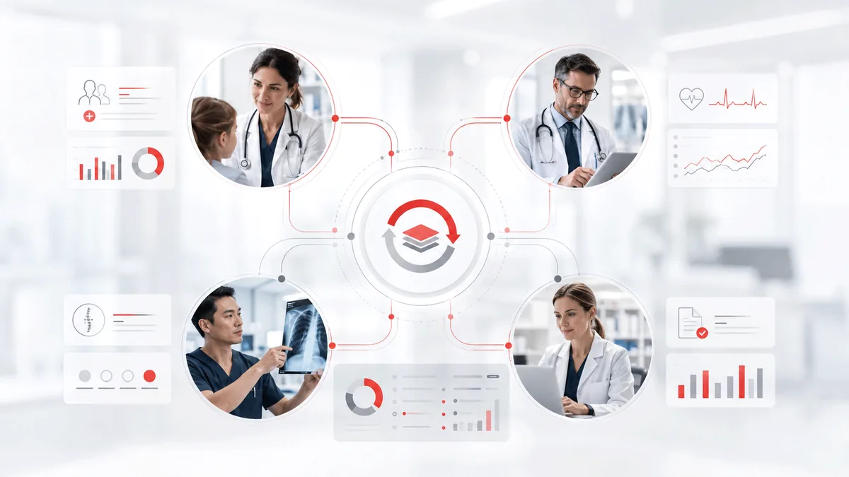 Multiple clinical specialties connected through a shared revenue-cycle management workflow.